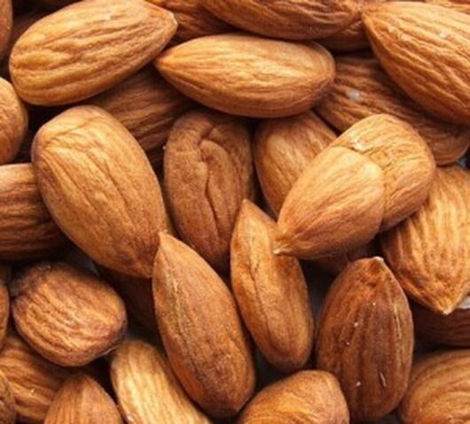 Close-up of a pile of raw, unpeeled Prunus 'Johnson's Prolific' Almond 12" Pot in their shells, displaying their brown, textured surfaces.