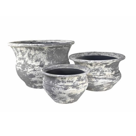 Three Stoneware Cauldron Grey & White Shaded ceramic pots for feature plants decorative for gardens and indoor houses