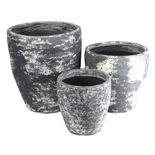 A set of three Stoneware Tall Villa Grey & White shaded pots for feature plants in gardens