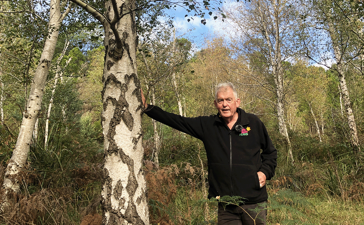 An older man in a black jacket stands beside a birch tree in a forest, with his right hand resting on the trunk. The background features various trees and undergrowth, creating an atmosphere that perfectly captures the tranquility of an Easter Long Weekend.
