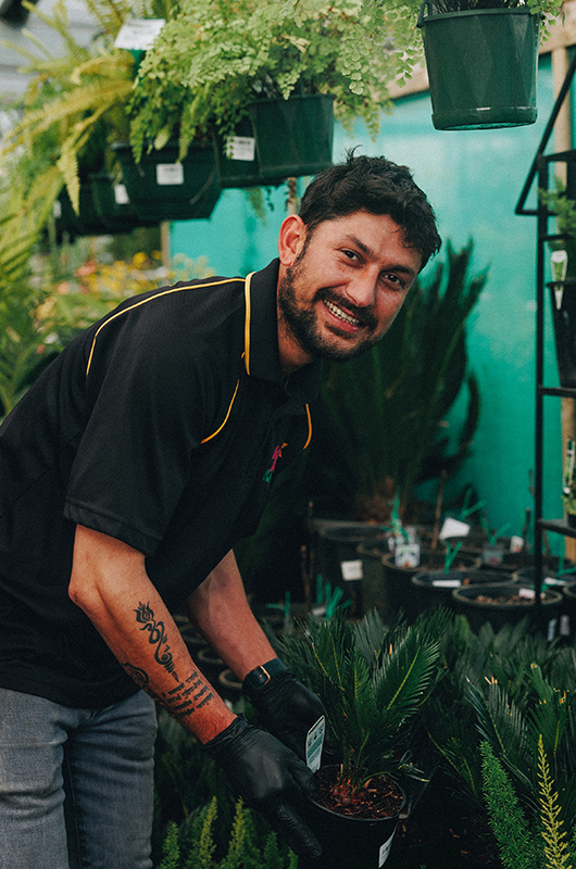 Man in black shirt and gloves, with tattoos on his forearm, crouches while holding a plant in a garden center. Various potted plants and greenery surround him, including several bare rooted plants for sale.
