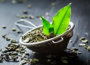 Close-up of a metal tea strainer filled with dried tea leaves and garnished with two fresh green leaves, placed on a dark surface with scattered tea leaves around. Camellia Tea