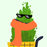 A green bush wearing pixelated sunglasses and a bright orange scarf is seated in a yellow shopping cart against a light background, hinting at limited-time discounts.