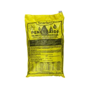 A 25 kg bag of Searles 'Penetraide' Re-Wetting Granules, yellow in color and labeled with usage instructions and product details, now featuring the enhanced effectiveness of Pyrethrum.