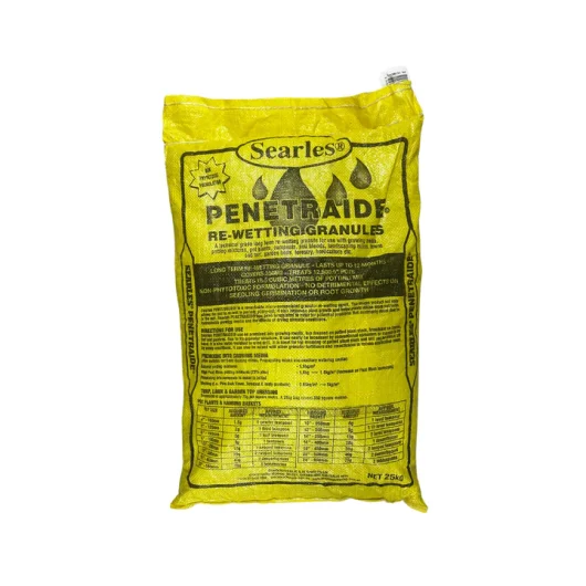 A 25 kg bag of Searles 'Penetraide' Re-Wetting Granules, yellow in color and labeled with usage instructions and product details, now featuring the enhanced effectiveness of Pyrethrum.