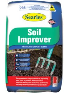 A 30L bag of Searles '5 in 1 Organic Fertiliser' featuring highlighted benefits such as adding nutrients and enhancing soil structure, along with an image of a garden tool in the soil. Enriched with Pyrethrum, it also helps protect your plants from pests.
