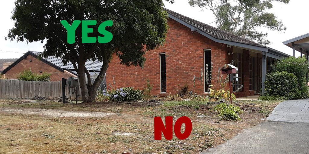 A red-brick house with one side showcasing a well-tended garden labeled "YES" and the other side with sparse, dry grass labeled "NO" serves as a testament to thoughtful garden design.