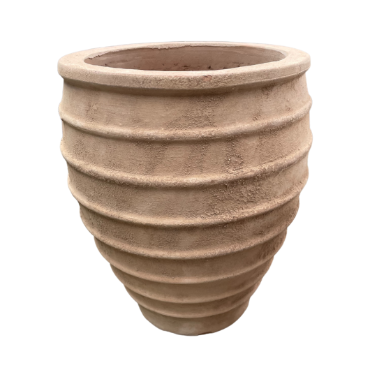 The Antique Terracotta Crucible Basalt S 20x30cm features a large, ribbed, beige ceramic pot with a wide opening at the top and a tapering base, reminiscent of an antique terracotta crucible.