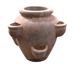 The Antique Terracotta Ribbed Olive Basalt S 26x30cm ceramic pot features multiple small compartments projecting from its ribbed exterior.