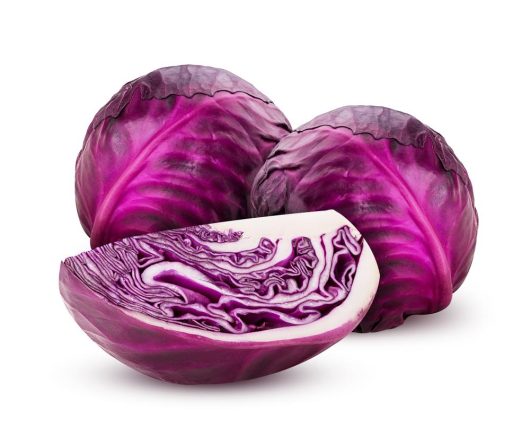 Four vibrant Cabbage 'Red' 4" Pot plants, including three whole ones and one sliced open to reveal its intricate inner pattern and texture, are featured.