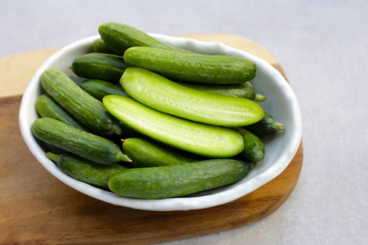 A white bowl filled with whole and halved fresh mini cucumbers, including the 'Bebe Lebanese' variety from a 4" pot, on a wooden surface.