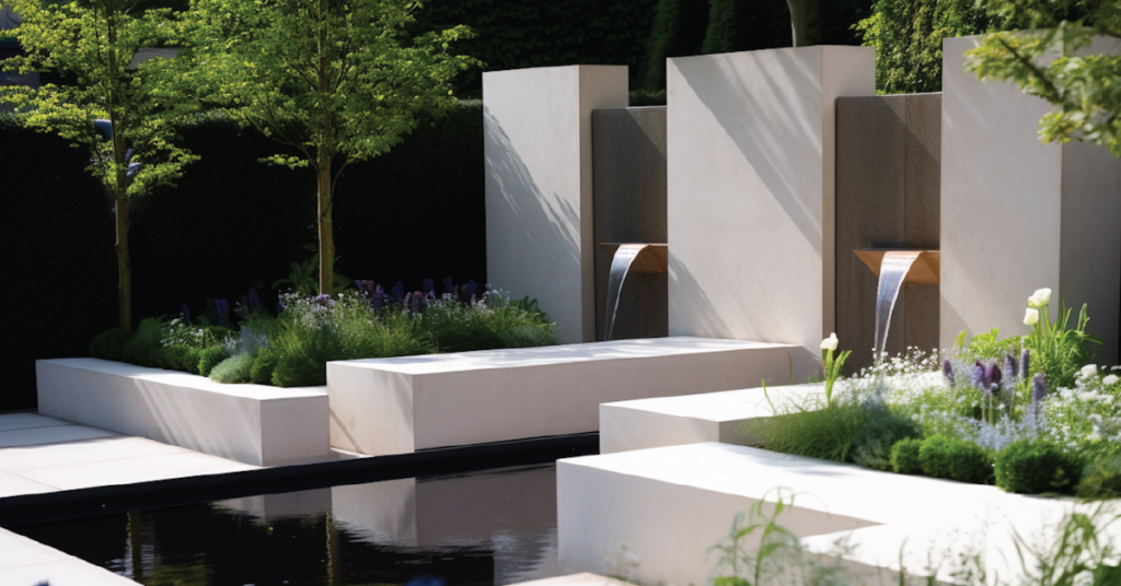 Modern garden design with rectangular water features and concrete seating areas. Tall slender trees and various green plants surround the space, bordered by a reflective black water pool.