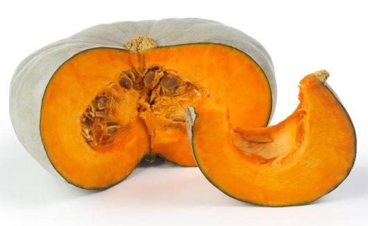 A halved large 'Japanese' pumpkin from a 4" pot, revealing its bright orange flesh and seeds inside, with a smaller sliced piece in front; all set beside a pot.