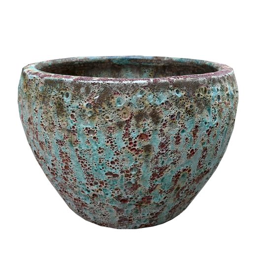 A round, textured ceramic Seafoam Bermuda Planter Aqua S with a mottled green and brown glaze, measuring 30x20 cm.