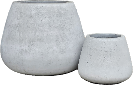 Two gray, round concrete planters of different sizes placed next to each other. The larger planter, reminiscent of the Vaucluse Sack Pot White 45x35cm M, is on the left, while the smaller one is on the right.