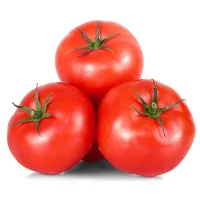 Three vibrant red tomatoes with green stems are arranged in a triangular formation against a white background, reminiscent of a well-planned garden design.