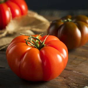 Close-up of a ripe red heirloom tomato on a wooden table with another red and green tomato in the background, resting on burlap—a picturesque scene that belies common garden design problems.