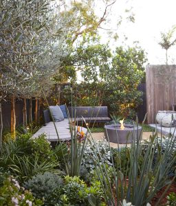 A garden scene with various plants and trees, featuring a wooden deck with seating and a fire pit surrounded by greenery, offers a serene escape. This tranquil setting is ideal for relaxing with friends while discussing tips on how to water indoor plants.