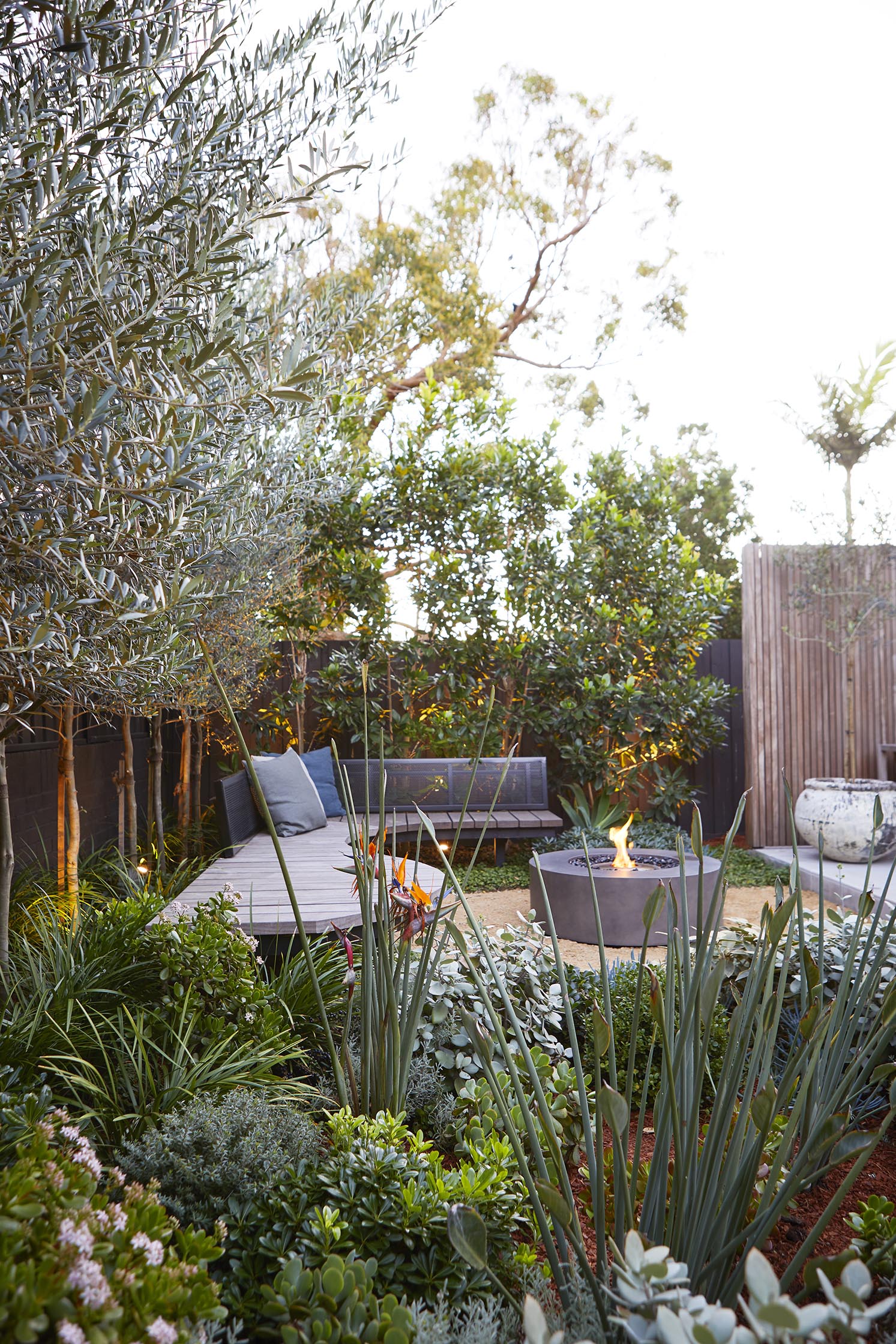 A garden scene with various plants and trees, featuring a wooden deck with seating and a fire pit surrounded by greenery, offers a serene escape. This tranquil setting is ideal for relaxing with friends while discussing tips on how to water indoor plants.