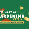 Illustration of a person gardening with the text "Cost of Gardening Crisis Solved" and a watering can tag. Sun icon above, announcing our Winter Plant Clearance Sale. Gardening Crisis Solved Sale