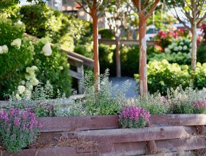 A Hamptons garden scene features blooming flowers in white and purple, bordered by wooden structures, with trees and lush greenery in the background.