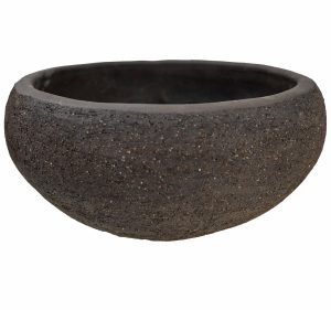 A Terracotta DoubleRim Festoon Traditional bowl with a textured, dark stone surface, featuring a traditional rounded, wide shape and a smooth rim.