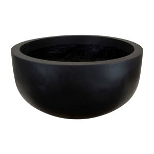 The GeoLite Bowl Planter White Wash M 45x22cm, characterized by its large round shape and smooth surface, makes a striking addition to any space with its elegant wide rim and contrasting black design.