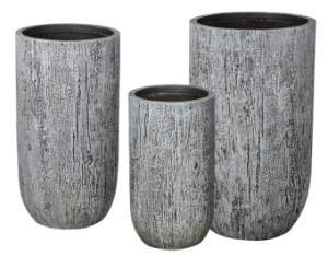 The image showcases three GardenLite Tall U Pots in varying heights, each featuring a textured gray finish that resembles cement.