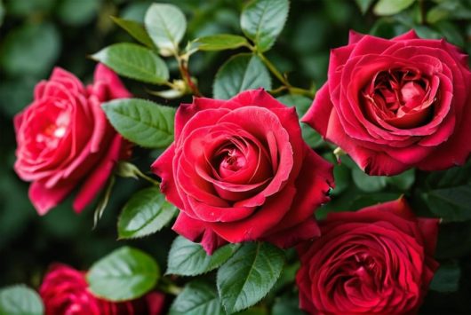 Close-up of vibrant Rose 'Fresh Cream' blooms with lush green leaves in a beautiful garden setting.