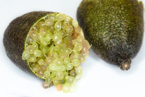 A Citrus 'Gold Pearl' Finger Lime from the "7" Pot" collection sliced in half, with its green and pinkish pulp spilling out like tiny gold pearls, rests on a white surface beside another intact citrus gem.