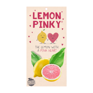 The Citrus 'Lemon Pinky' Lemon 7" Pot packaging showcases a cheerful cartoon lemon with a pink heart, accompanied by the text: "The lemon with a pink heart." A vibrant citrus slice highlights the Lemon Pot charm.