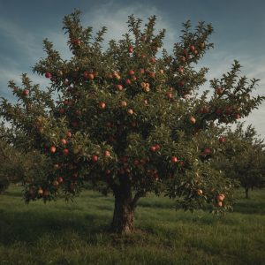 A lush apple tree laden with red apples stands in a grassy orchard under a clear sky.