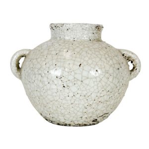 The Tang Urn with Handles Rustic White 21x20cm offers a timeless charm reminiscent of an ancient urn, featuring a rustic, round ceramic design with two handles and a cracked texture pattern.