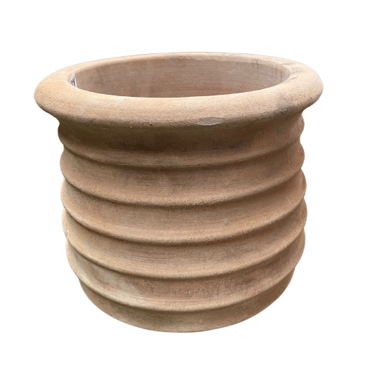 Clay pot with a ribbed design and a rounded rim.