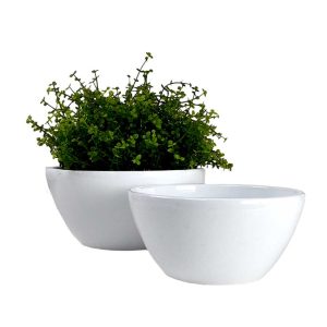 Two white ceramic Eurocolour Calima Pot White S 17x15cm bowls sit elegantly side by side, one showcasing a vibrant green plant against a pristine backdrop, enhancing their serene beauty.