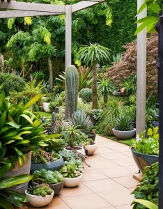 Garden with assorted potted succulents and cacti on a tiled pathway, surrounded by lush greenery and a wooden pergola.