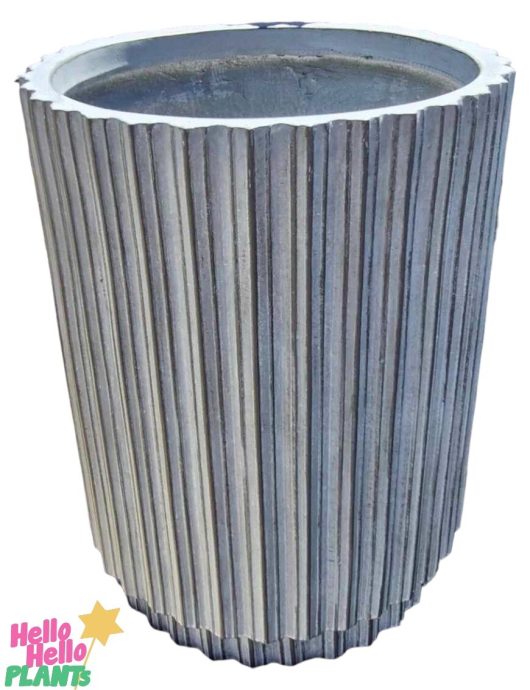 The GeoLite Lined Tall Cylinder planter, measuring 46x56cm with a ribbed design, features a subtle grey wash finish and is showcased against a white background.