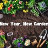 Garden design tools and colorful flowers are artfully arranged around soil, framing the text "New Year, New Garden" at the center.