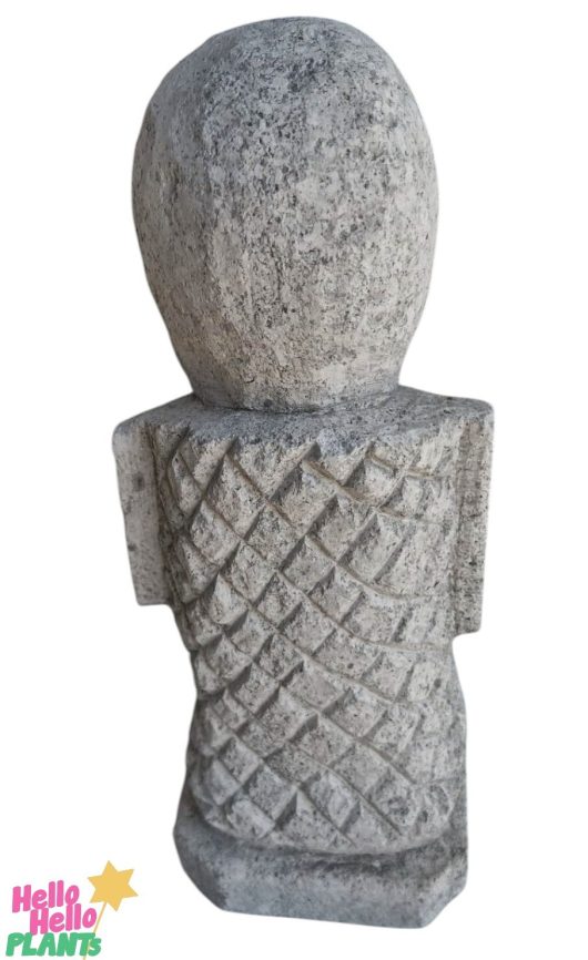 The Iridami Sumbawa Stone Tropman L 12x12x40cm sculpture boasts a textured pattern and rounded top, with a scale-like carved base embodying Dewi Sri's grace. The "Hello Hello Plants" logo elegantly adorns the corner.