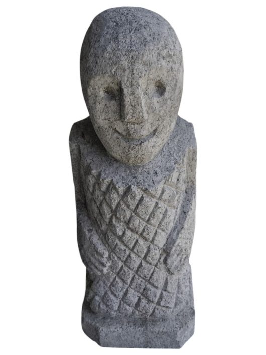 A GeoLite Lined Tall Cylinder with a grey wash features a smiling human figure sculpture adorned with geometric patterns, sized 46x56cm.