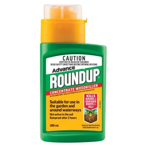 Bottle of Roundup Advanced Concentrate Weedkiller, 280 ml, with yellow cap. Label indicates it kills weeds and grasses, safe for gardens and waterways, rainproof after 2 hours.