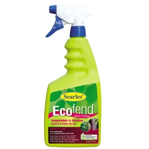 Bright green bottle of Searles Rose Pro Insect & Disease Spray 1L, featuring a blue spray nozzle and detailed active ingredient and usage information.