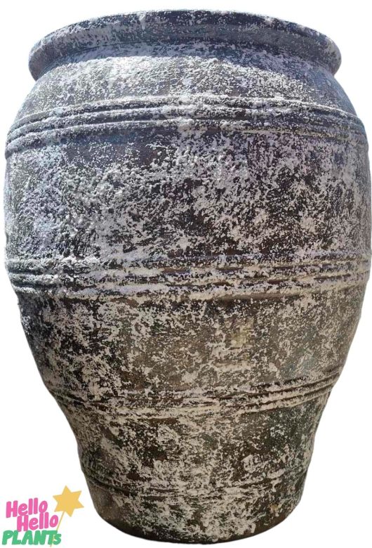 A large, antique stone pot with horizontal ridges and irregular white speckles, reminiscent of a classic Sorrento Achilles Urn named "Sorrento Achilles Urn Antique S 36x46cm.