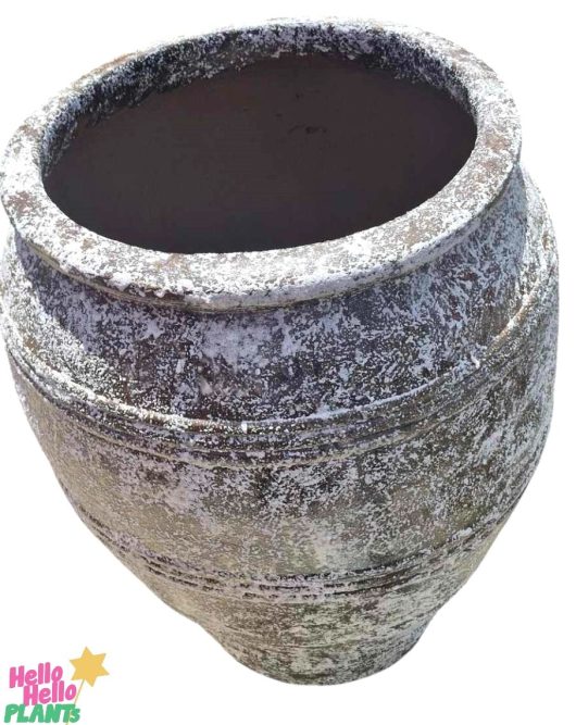 The Sorrento Achilles Urn Antique S, sized 36x46cm, is a large stone planter with a weathered look, wide opening, and textured surface.