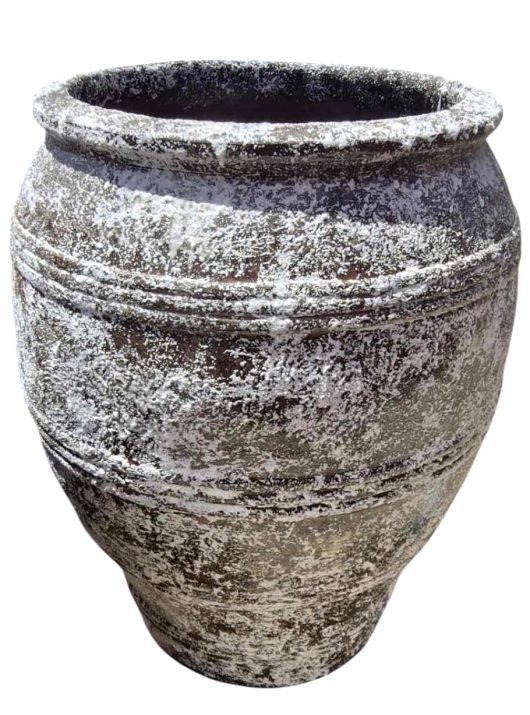 The Sorrento 'Azzur Urn' Antique M 56x56cm is a large, weathered clay pot with a textured surface and distinctive white patches.