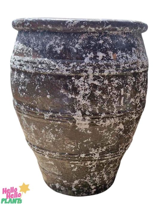 The Sorrento Achilles Urn Antique S 36x46cm is an aged, textured garden pot resembling an antique urn with a mottled dark and light surface. It has a round, tapered shape with prominent horizontal ridges.