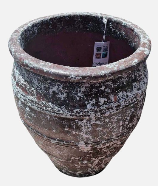 The Sorrento Achilles Urn Antique, measuring 36x46cm, is a weathered terracotta pot with visible white patches and a small "mojay" tag, blending timeless elegance with rustic charm.