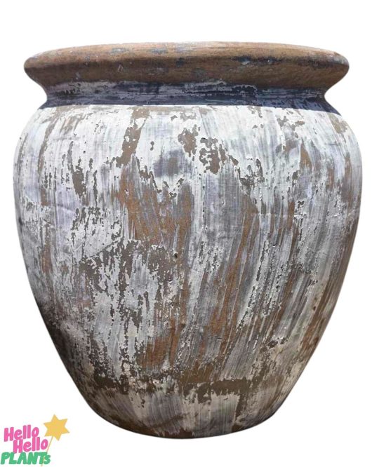 The Sorrento 'Azzur Urn' Antique M 56x56cm has a rustic, textured surface in brown and gray tones, exuding an antique allure with the brand logo in the bottom left corner.