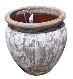 This antique Sorrento 'Azzur Urn' ceramic pot features a wide opening and weathered white paint, with an intriguing tag inside. Size: M 56x56cm.