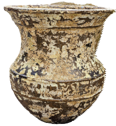 The Sorrento 'Azzur Urn' Antique M 56x56cm features a wide brim and bulbous body with textured, weathered surfaces reminiscent of ancient treasures.